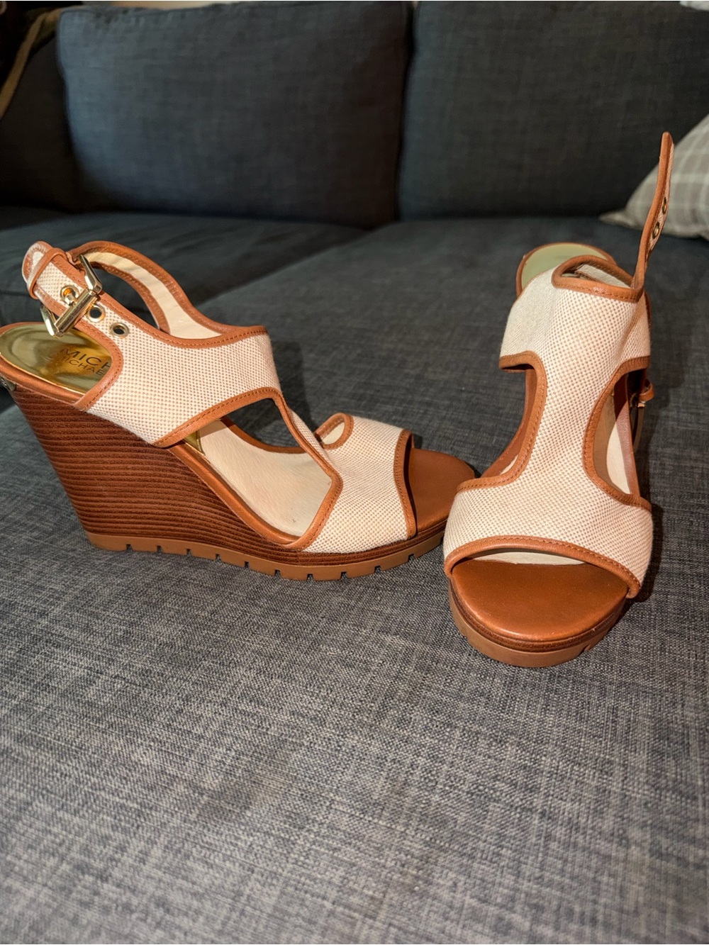 Michael Kors Cream and Brown fabric - Wood Wedge Sandals